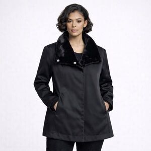 Eileen Fisher Bonded Fleece Black Funnel Neck Lined Jacket Coat med Petite fur